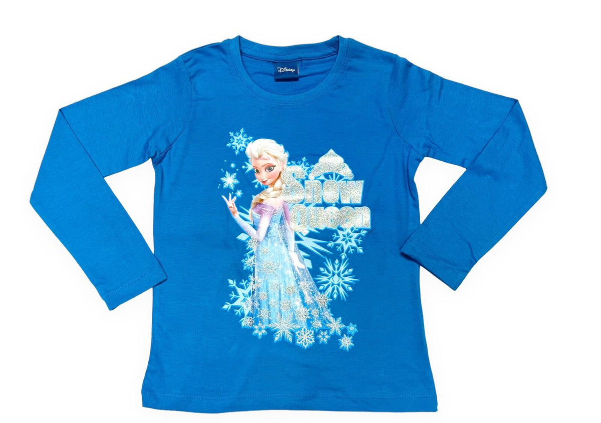 Girls Blue Official Disney Frozen Sparkly Snow Queen T-Shirt Top