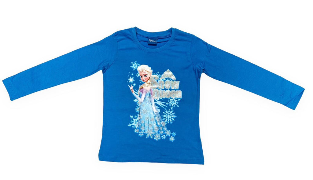 Girls Blue Official Disney Frozen Sparkly Snow Queen T-Shirt Top