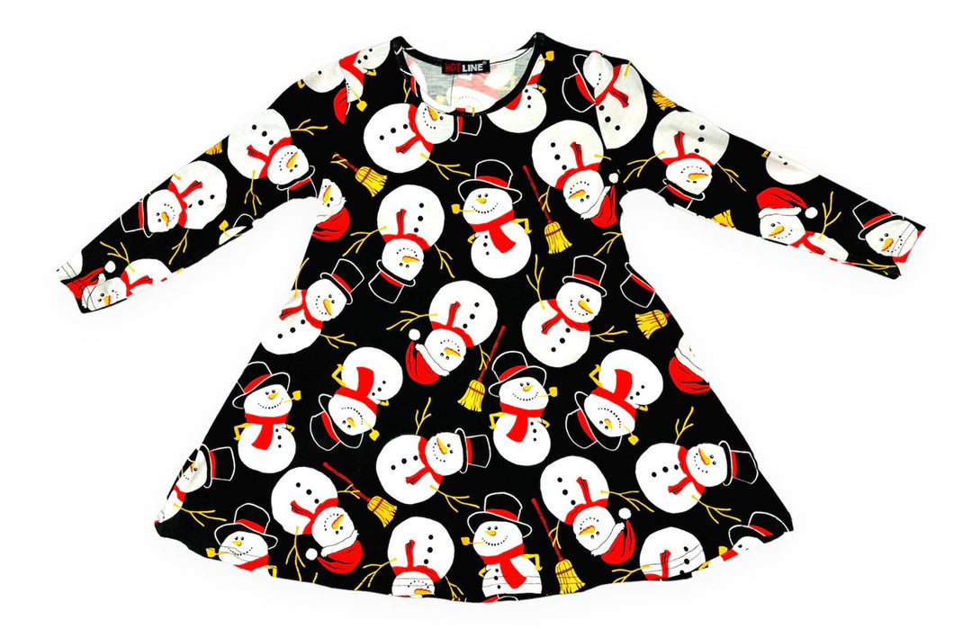 Girls Black Multi Penguin Santa Claus Long Sleeve Swing Christmas Dress