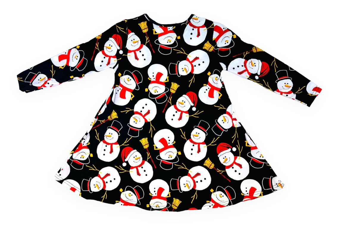 Girls Black Multi Penguin Santa Claus Long Sleeve Swing Christmas Dress