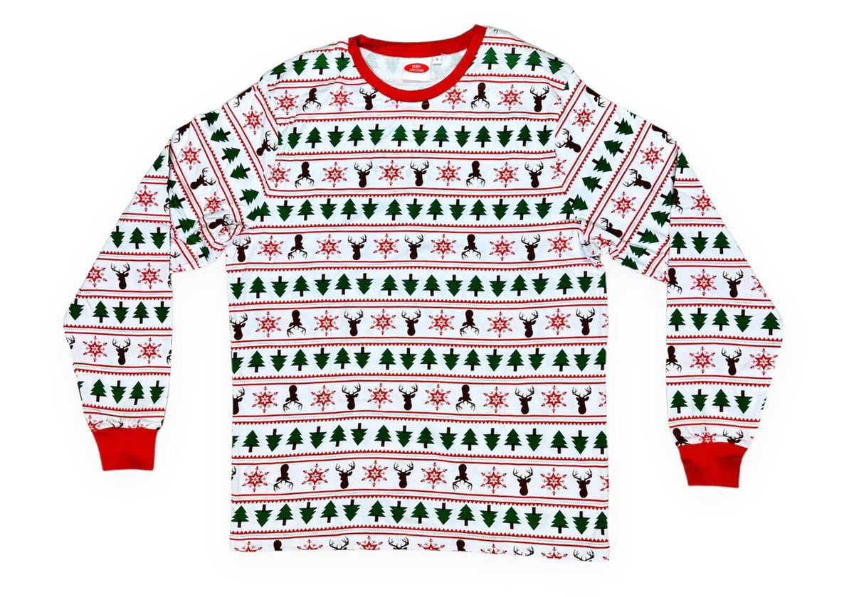 Adults Unisex White Red Tree Reindeer & Snowflakes Print Christmas Pyjamas Sets