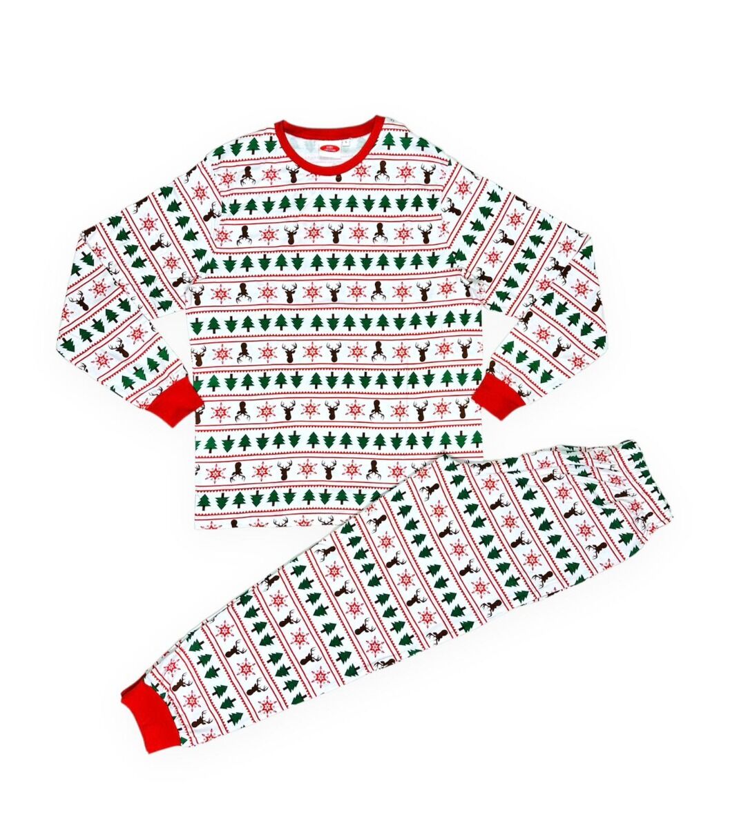 Adults Unisex White Red Tree Reindeer & Snowflakes Print Christmas Pyjamas Sets
