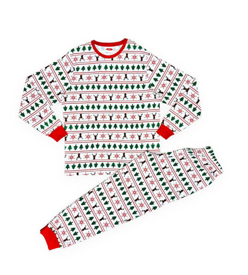 Adults Unisex White Red Tree Reindeer & Snowflakes Print Christmas Pyjamas Sets