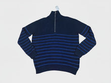 Load and play video in Gallery viewer, Mens Navy &amp; Blue Stripes Rib Organic Cotton High Neck Half Zip Longsleeve Jumper
