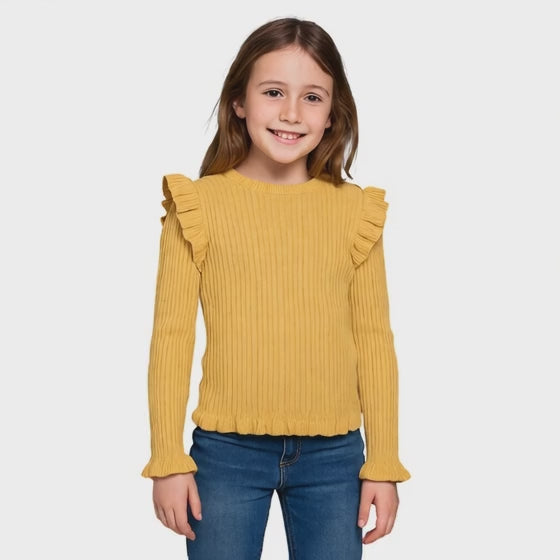 Girls Mustard Ribbed Cotton Frill Shoulder Cuffs Hem Longsleeve Crew Neck Jumper