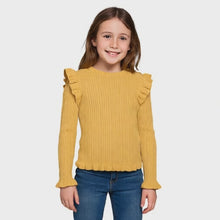 Load and play video in Gallery viewer, Girls Mustard Ribbed Cotton Frill Shoulder Cuffs Hem Longsleeve Crew Neck Jumper
