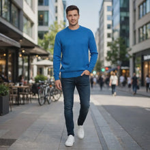 Load and play video in Gallery viewer, Men’s Blue Wool Blend Crew Neck Soft Knit Long Sleeve Smart Jumper
