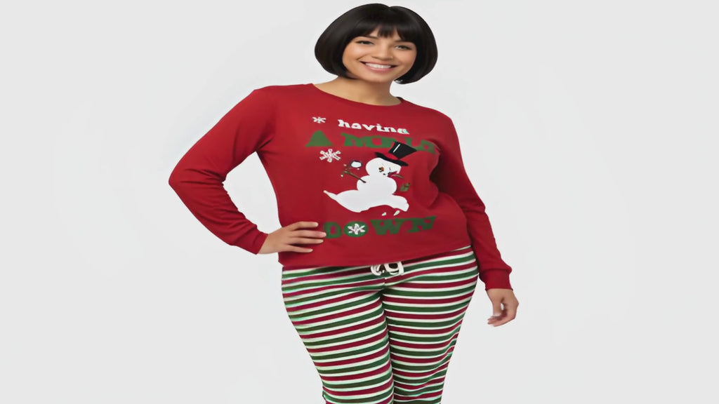 Ladies Melt-Down Snowman Polar Fleece Stripe Bottoms Christmas Pyjama Sets