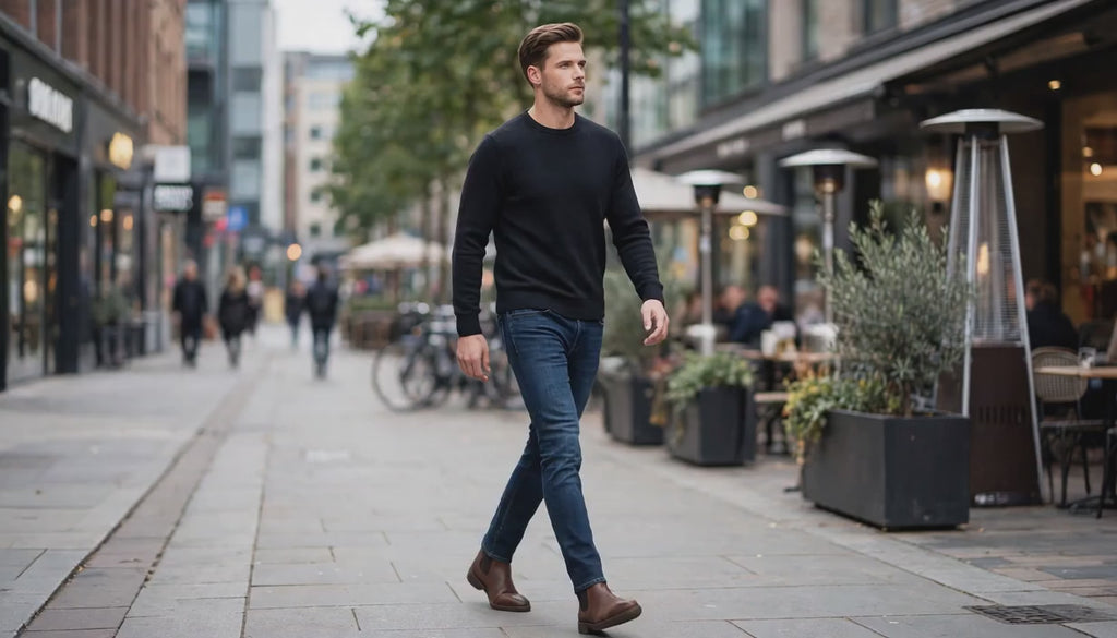 Men’s Black Crew Ribbed Neck Cotton Knit Rich Long sleeve Regular Fit Jumper