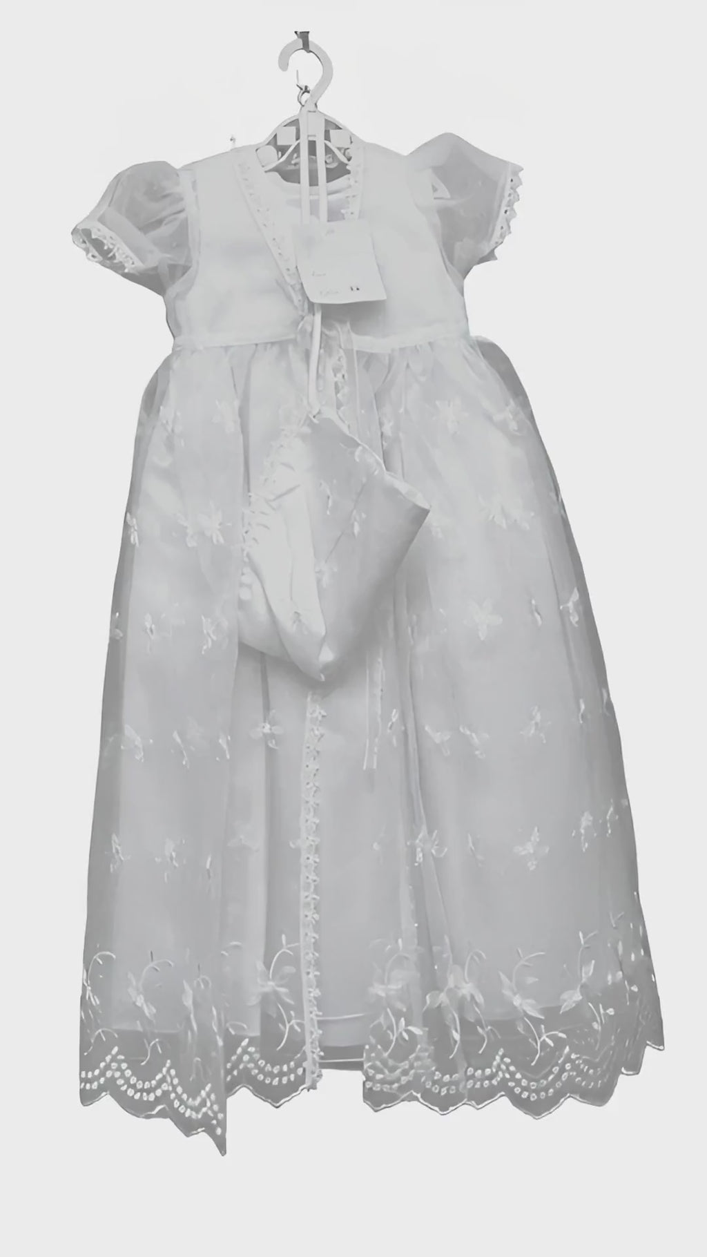 Baby Girls Toddlers Satin Mesh Embroidered Lace Baptism + Hood Christening Gown