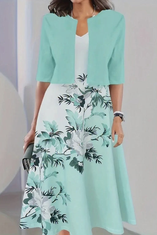 Ladies Torquoise White Flower and Grass Print V- Neck Long 2 Piece Womens Dress
