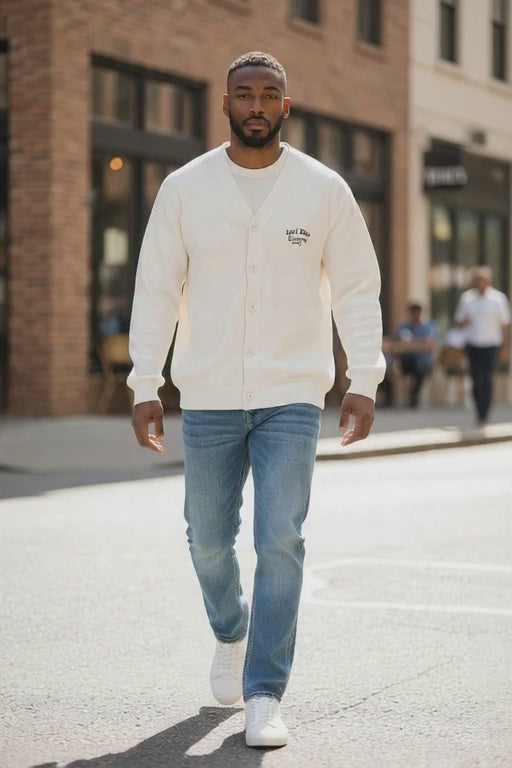 Mens Ivory Anti Blue Soft Knitted Cotton Rich Ribbed V-Neck Longsleeve Cardigan