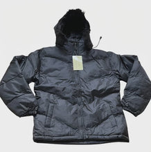 Load and play video in Gallery viewer, Ladies Black Faux Fur Trim Removeable Hood Winter Coat
