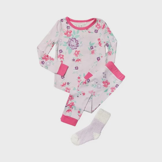 Girls Lily and Jack Lilac Floral 3Piece Top Bottom & Socks Pyjamas Set