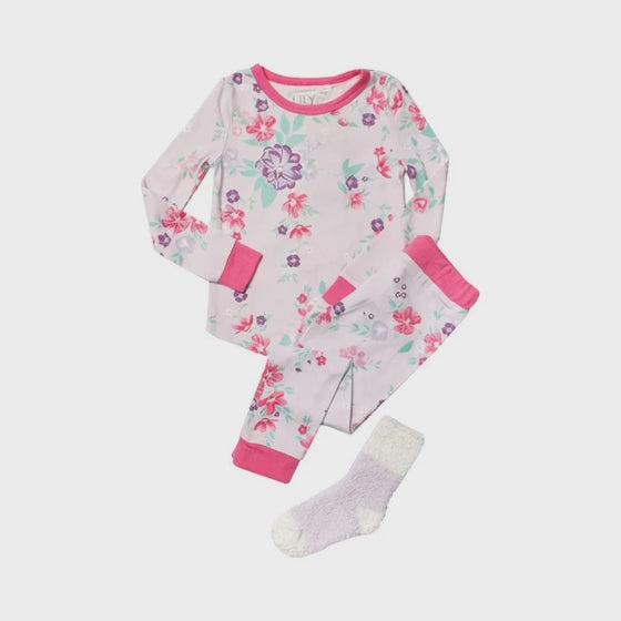 Girls Lily and Jack Lilac Floral 3Piece Top Bottom & Socks Pyjamas Set