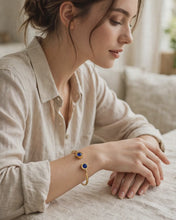 Load and play video in Gallery viewer, Ladies Gold Plated Blue Stones Open Adjustable Cuff Bracelet Womens Bangle
