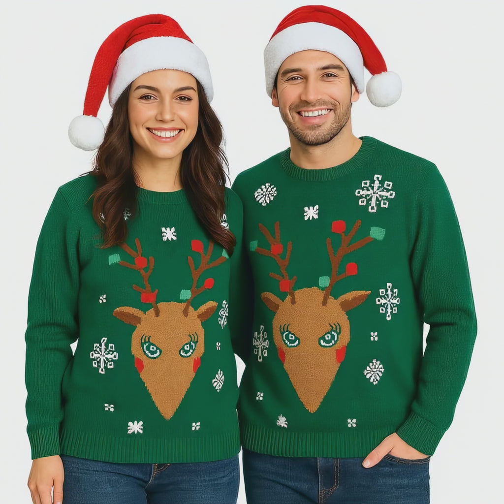 Mens Womens Unisex Green Christmas Reindeer Long Sleeve Festive Knitted Jumpers