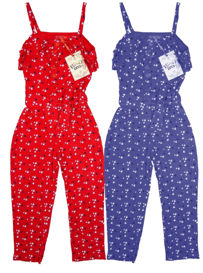 Girls Funky Diva Bird Print Long Strappy Adjustable Waist Tie Belt Jumpsuit