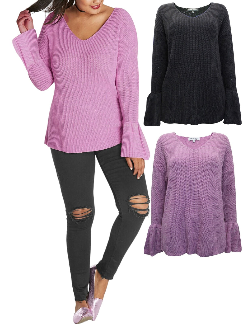 Ladies V-Neck Long Sleeve Trumpet Cuff Jumper
