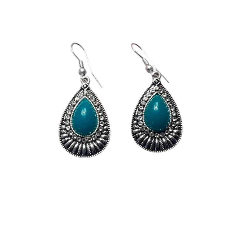 Ladies Silver Green Gemstone Centre Sparkly Crystal Hook Earrings
