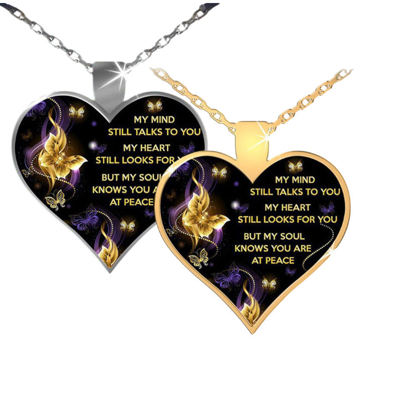 Ladies "My Mind Still Talks To You" Print Heart Pendant & Chain Necklace