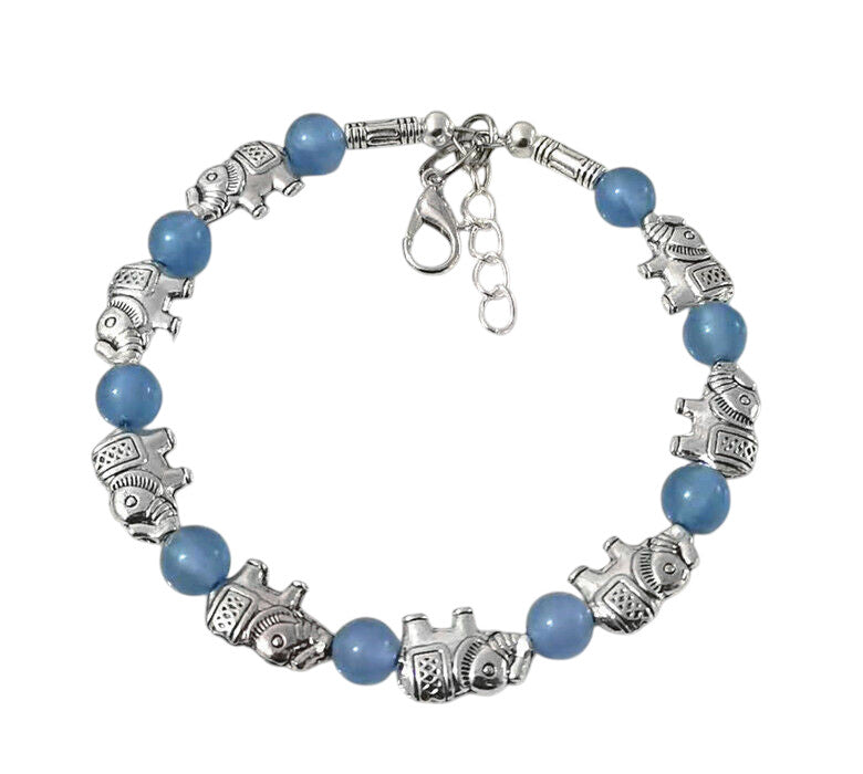 Ladies Silver Tibetan Elephant Light Blue Jade Bead Bracelet Bangle