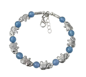 Ladies Silver Tibetan Elephant Light Blue Jade Bead Bracelet Bangle