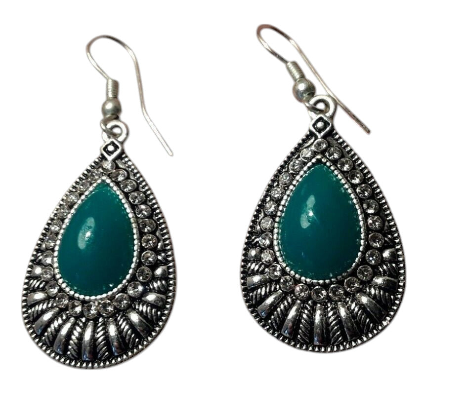Ladies Silver Green Gemstone Centre Sparkly Crystal Hook Earrings