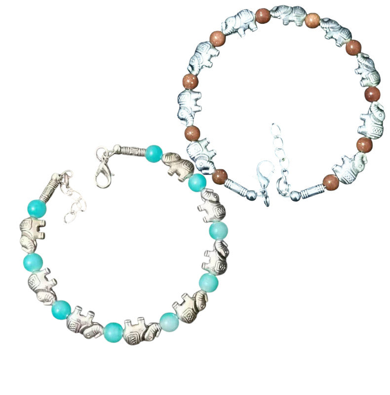 Ladies Silver Tibetan Elephant Sea Blue Brown Beads Bracelets