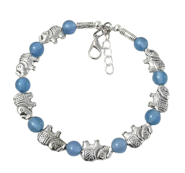 Ladies Silver Tibetan Elephant Light Blue Jade Bead Bracelet Bangle