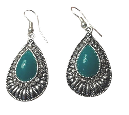 Ladies Silver Green Gemstone Centre Sparkly Crystal Hook Earrings