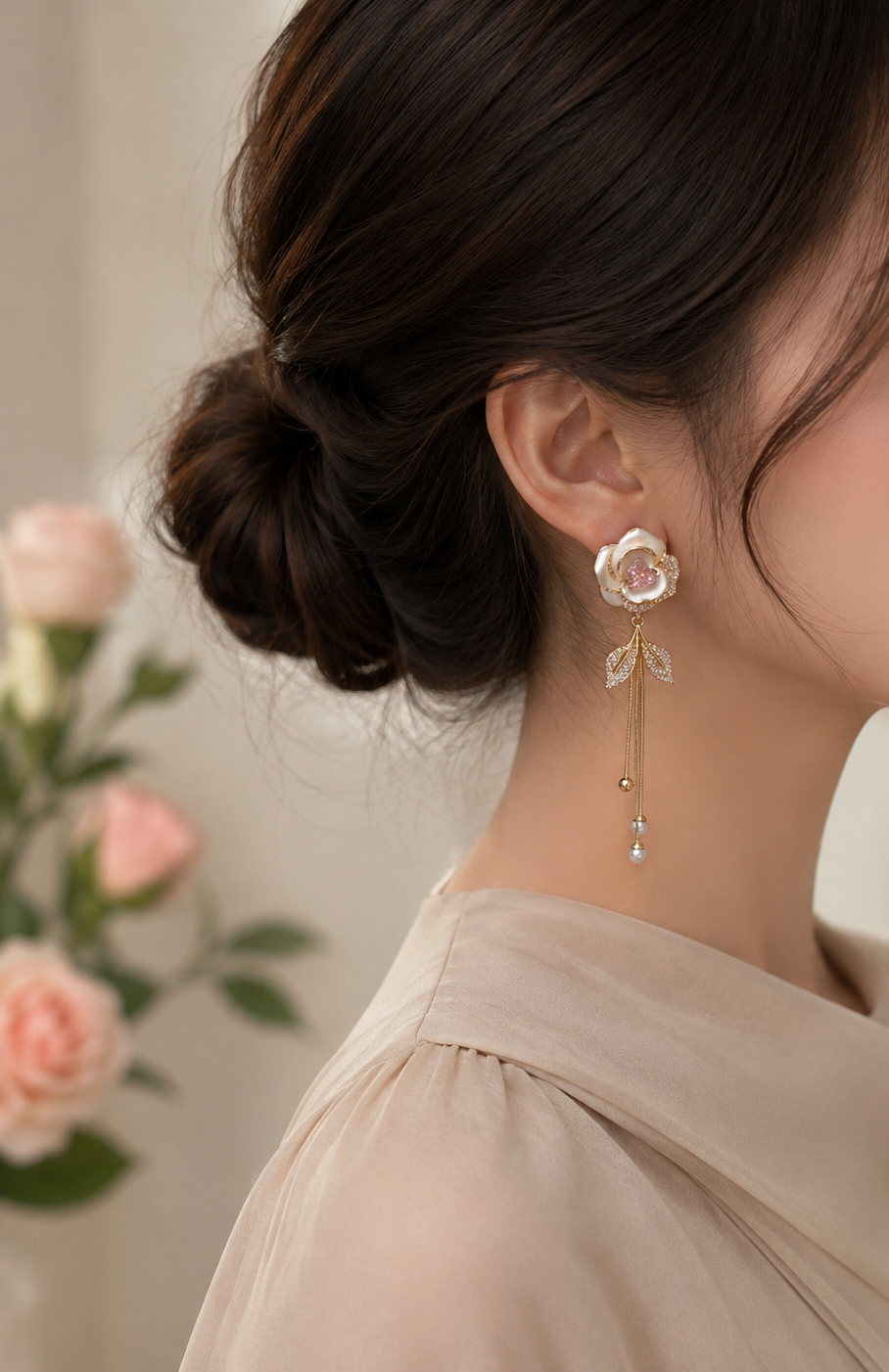 Ladies Gold Plated Floral Pink Heart Crystal Bead Drop Dangle Earrings