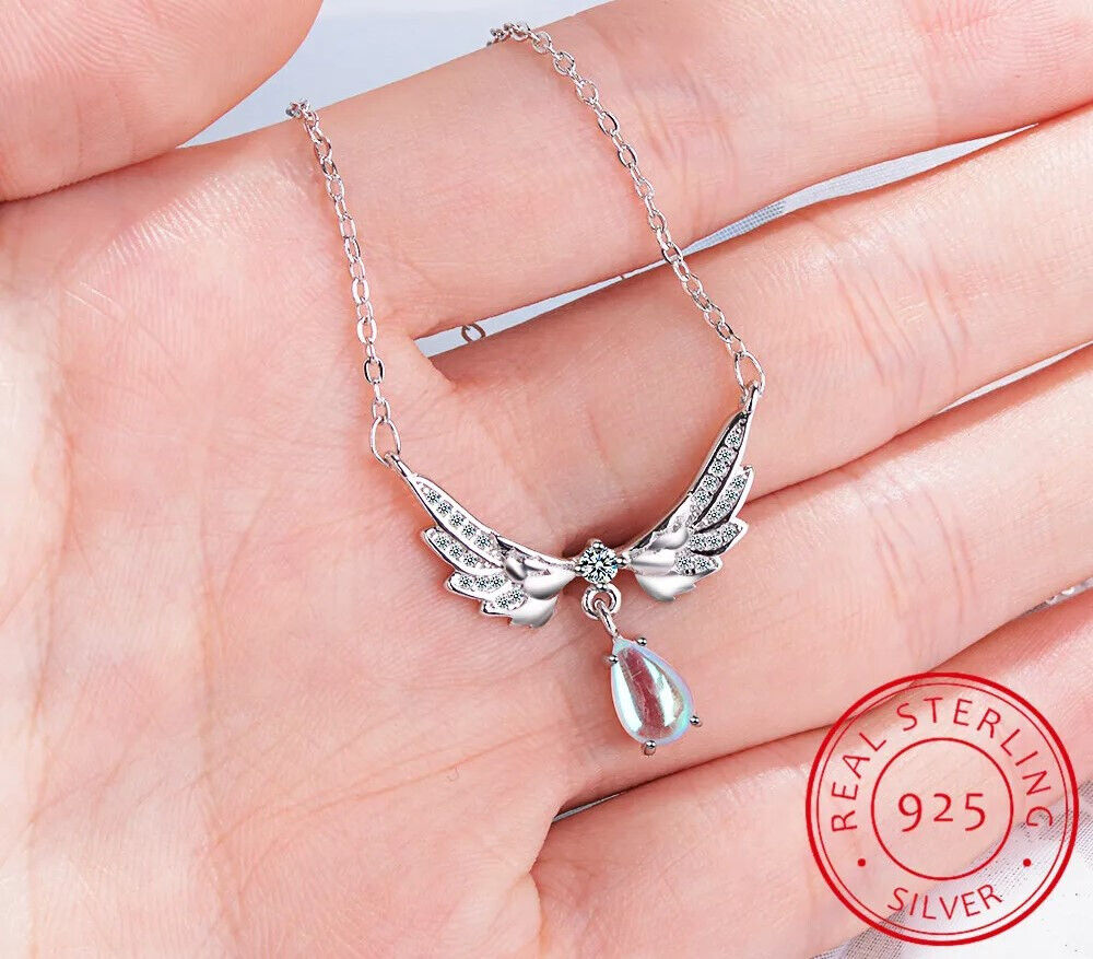 Ladies Silver Angel Wings Crystal Pendant Link Chain Choker Necklace