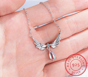 Ladies Silver Angel Wings Crystal Pendant Link Chain Choker Necklace