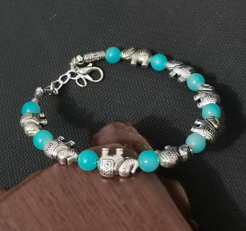 Ladies Silver Tibetan Elephant Sea Blue Brown Beads Bracelets