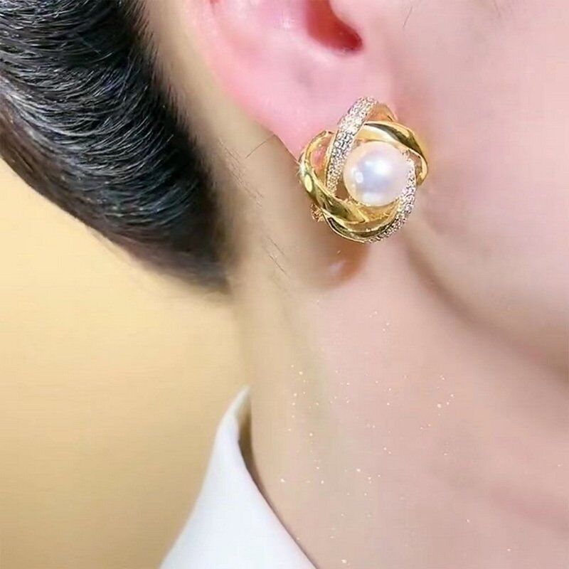 Ladies Gold Plated Simulated Pearls Flower Bud Spiral Crystal Push Back Earrings