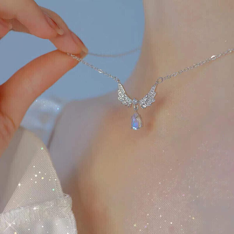 Ladies Silver Angel Wings Crystal Pendant Link Chain Choker Necklace