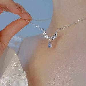 Ladies Silver Angel Wings Crystal Pendant Link Chain Choker Necklace