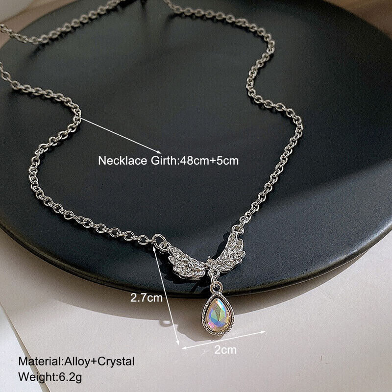 Ladies Silver Angel Wings Crystal Pendant Link Chain Choker Necklace