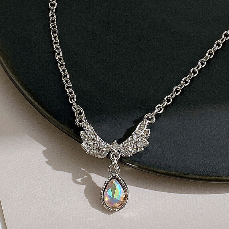 Ladies Silver Angel Wings Crystal Pendant Link Chain Choker Necklace