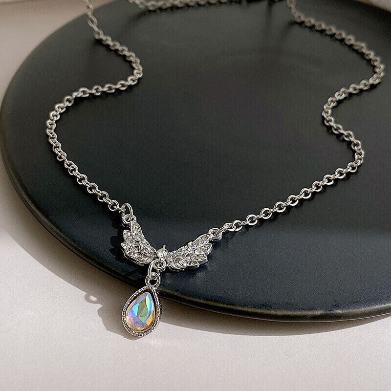 Ladies Silver Angel Wings Crystal Pendant Link Chain Choker Necklace