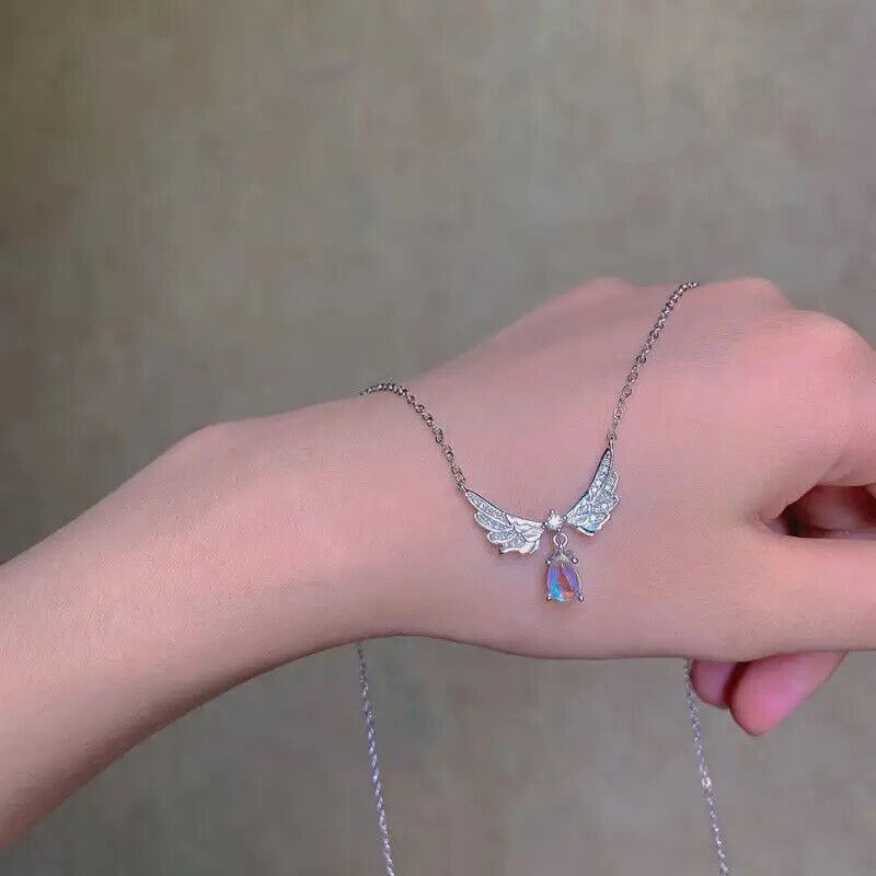 Ladies Silver Angel Wings Crystal Pendant Link Chain Choker Necklace