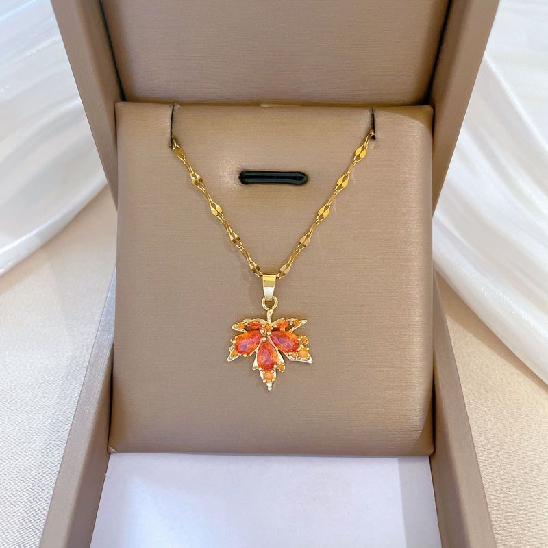 Ladies Gold Plated Orange Crystal Leaf Pendant Collarbone Link Chain Necklace