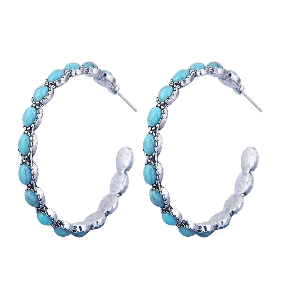Ladies Large Big Sterling Silver Turquoise Beads Circle Hoop Stud Earring