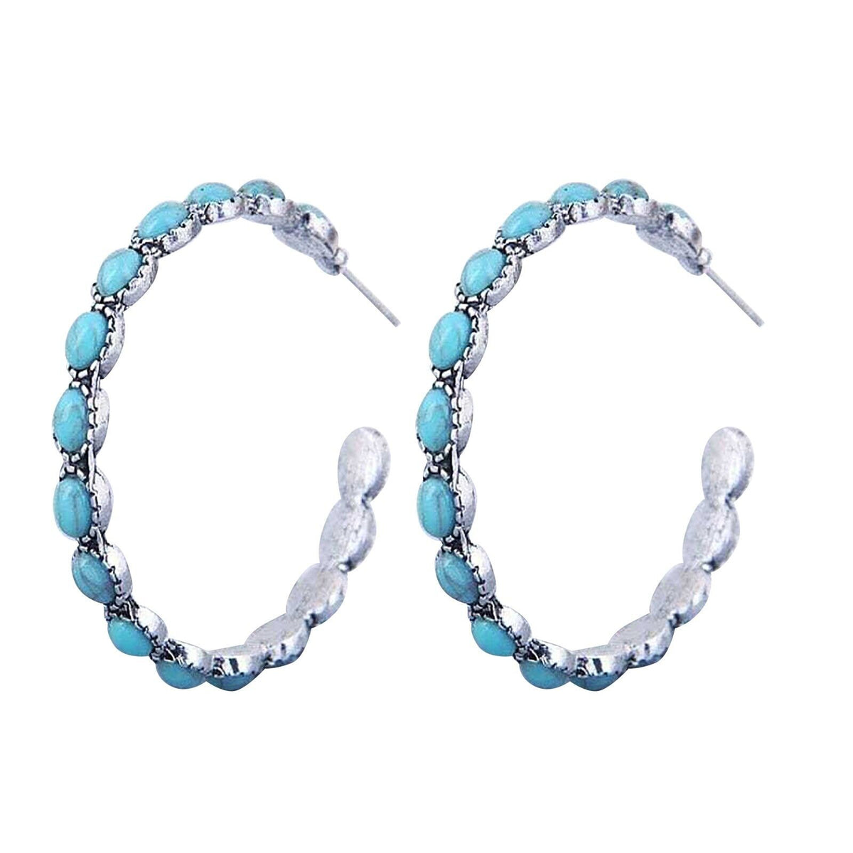 Ladies Large Big Sterling Silver Turquoise Beads Circle Hoop Stud Earring