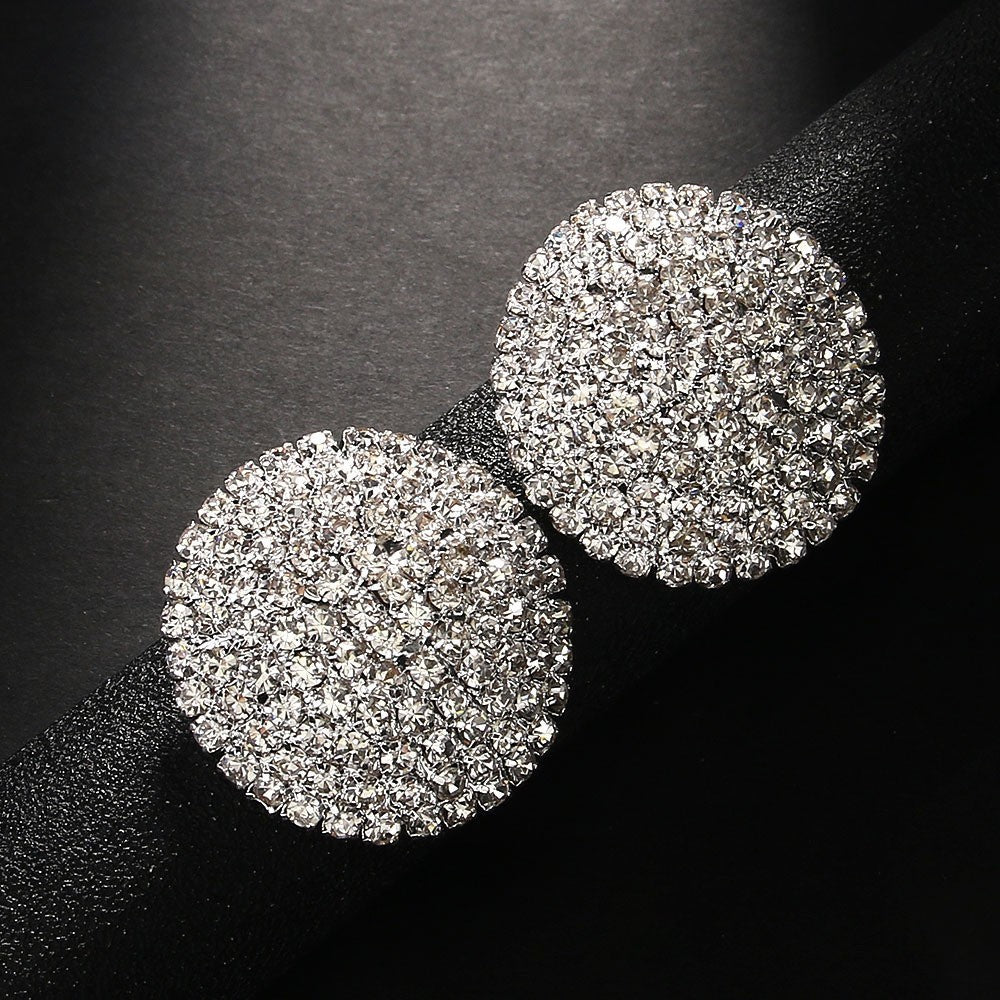 Ladies Silver Large Shinny Round Crystals Party Dressy Stud Earrings