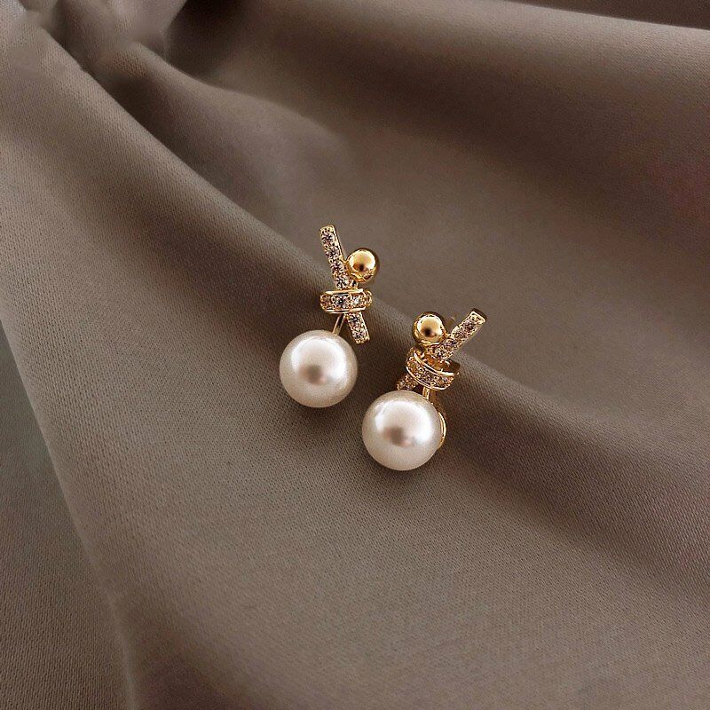 Ladies Gold Plated Sparkling Rhinestones Bowknot Simulated Pearl Stud Earrings