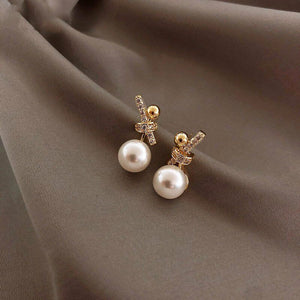 Ladies Gold Plated Sparkling Rhinestones Bowknot Simulated Pearl Stud Earrings