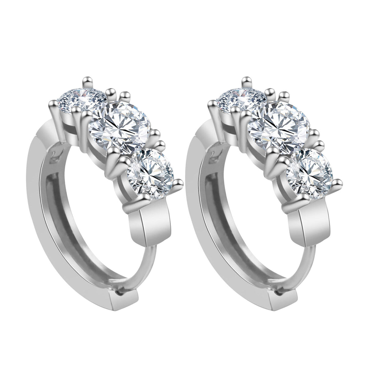 Ladies Girls Sterling Silver Round 3 Crystals Huggie Hoop Earrings