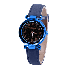 Ladies Blue Quartz Watch Sky Luminous Faux Leather Strap Womens Wrist Watches